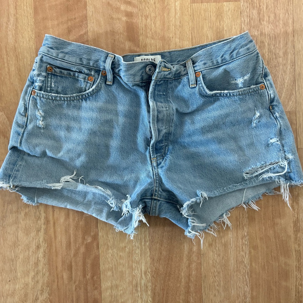 Agolde Light Blue Frayed Jean Shorts